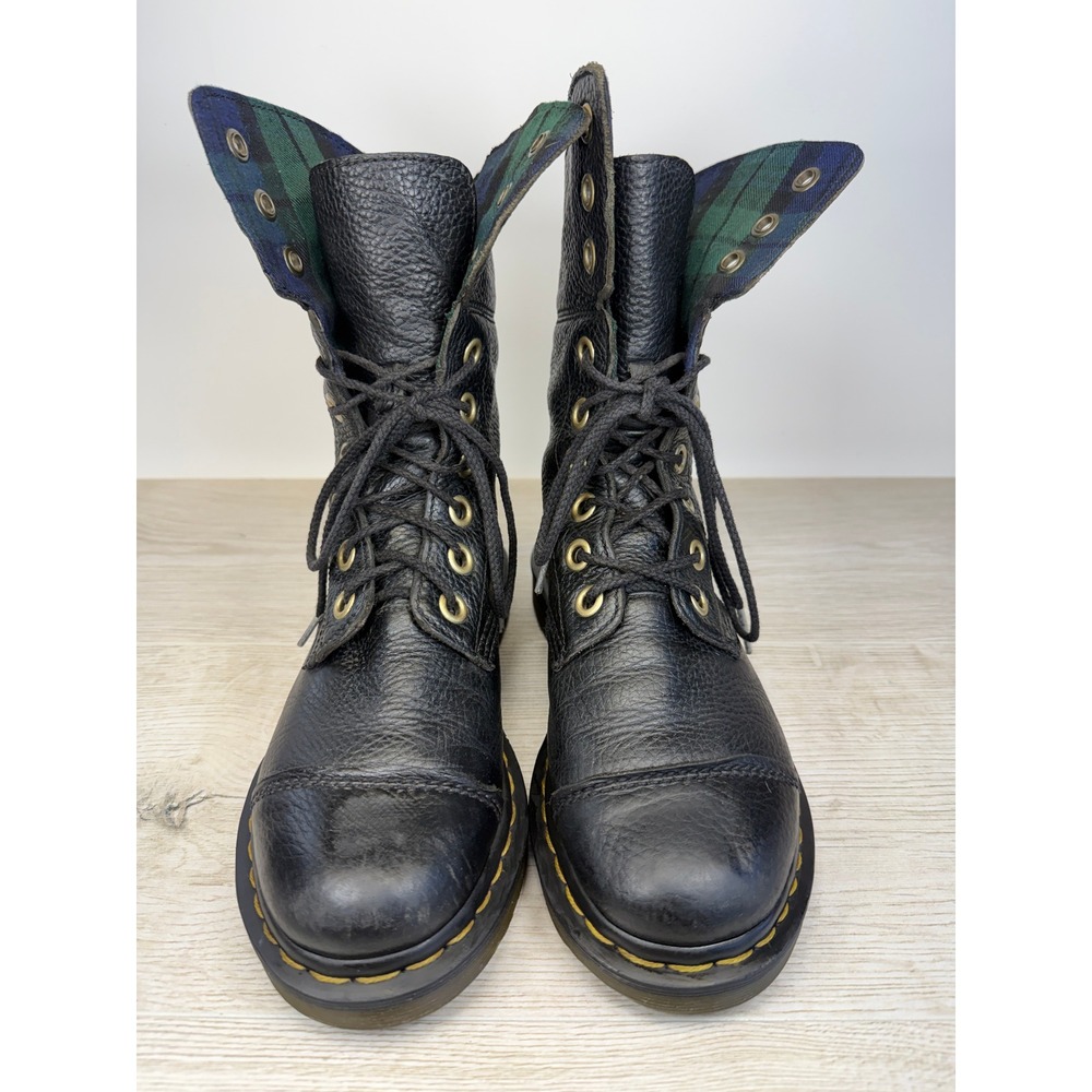 r Martens Aimilita Black Pebbled Leather Plaid Lined Fold Down Combat Boots US 7 - Picture 4 of 10